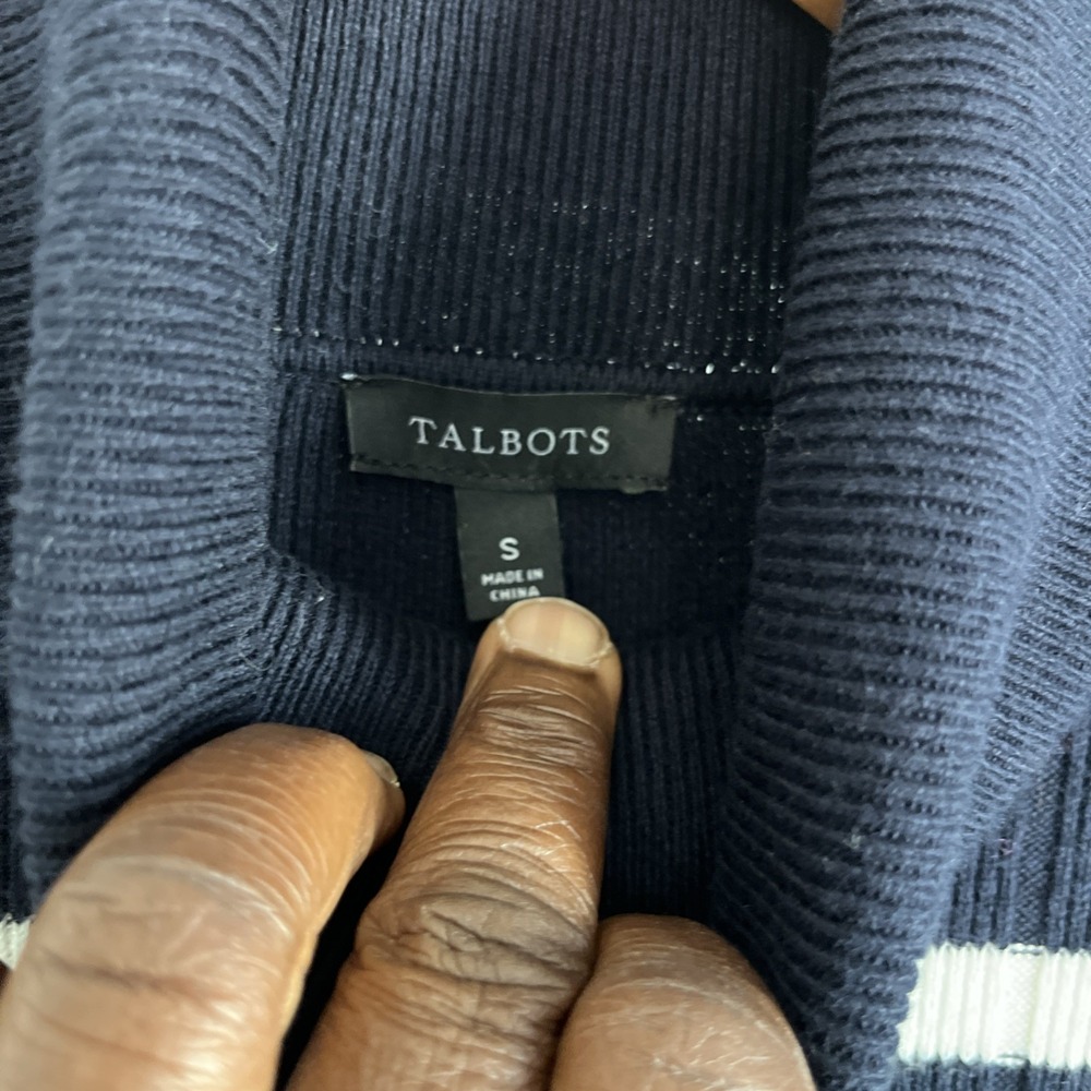 TALBOTS Blue Green Stripe Ribbed Turtleneck Sweater Button Cuff S New Nautical - Picture 9 of 12